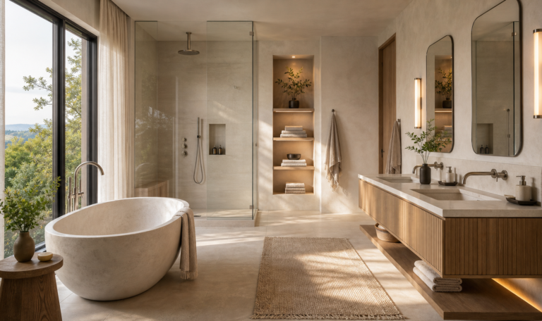 Luxury spa primary bathroom with freestanding stone tub, double floating vanity, glass shower, and tree view