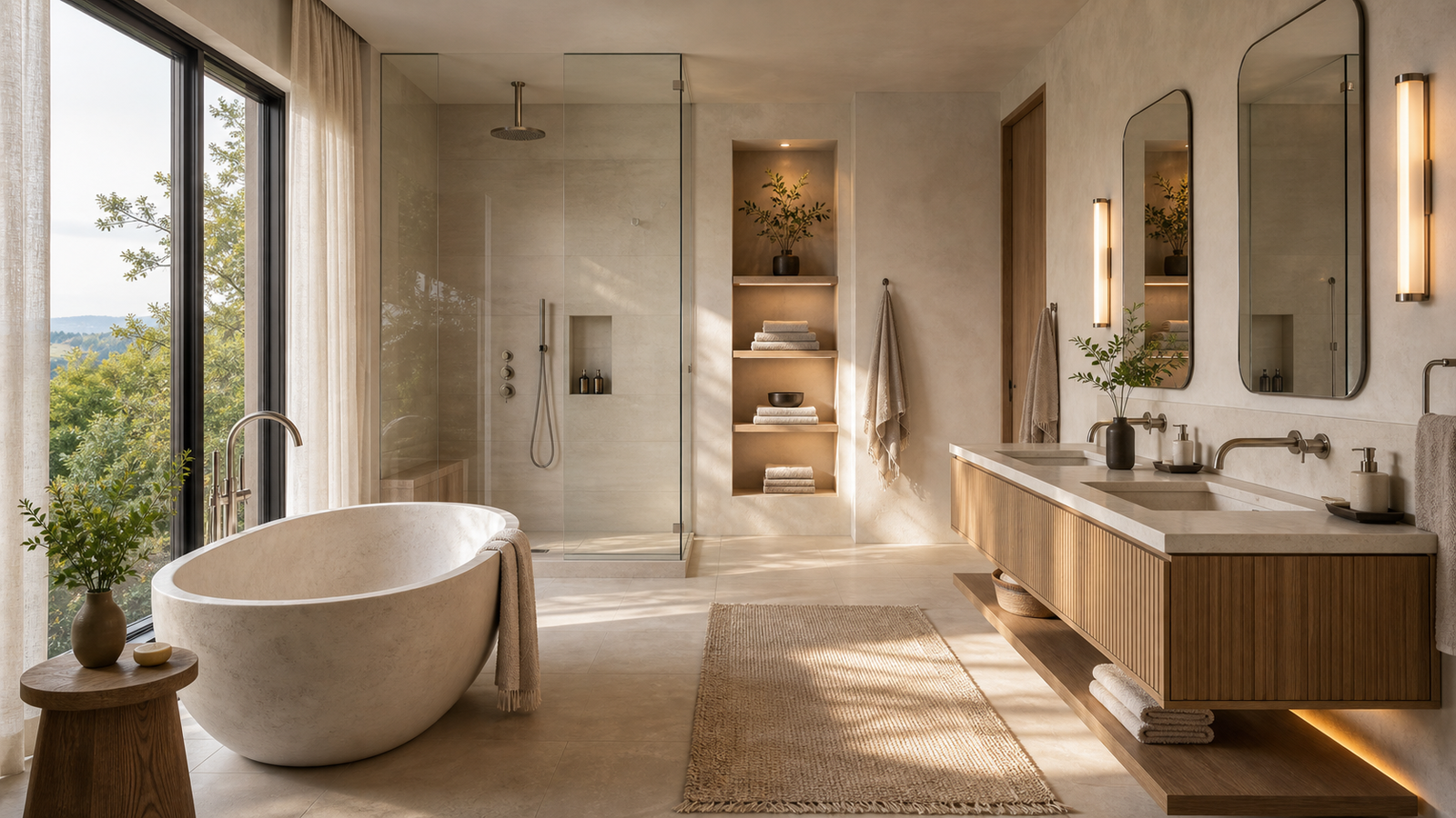 Luxury spa primary bathroom with freestanding stone tub, double floating vanity, glass shower, and tree view