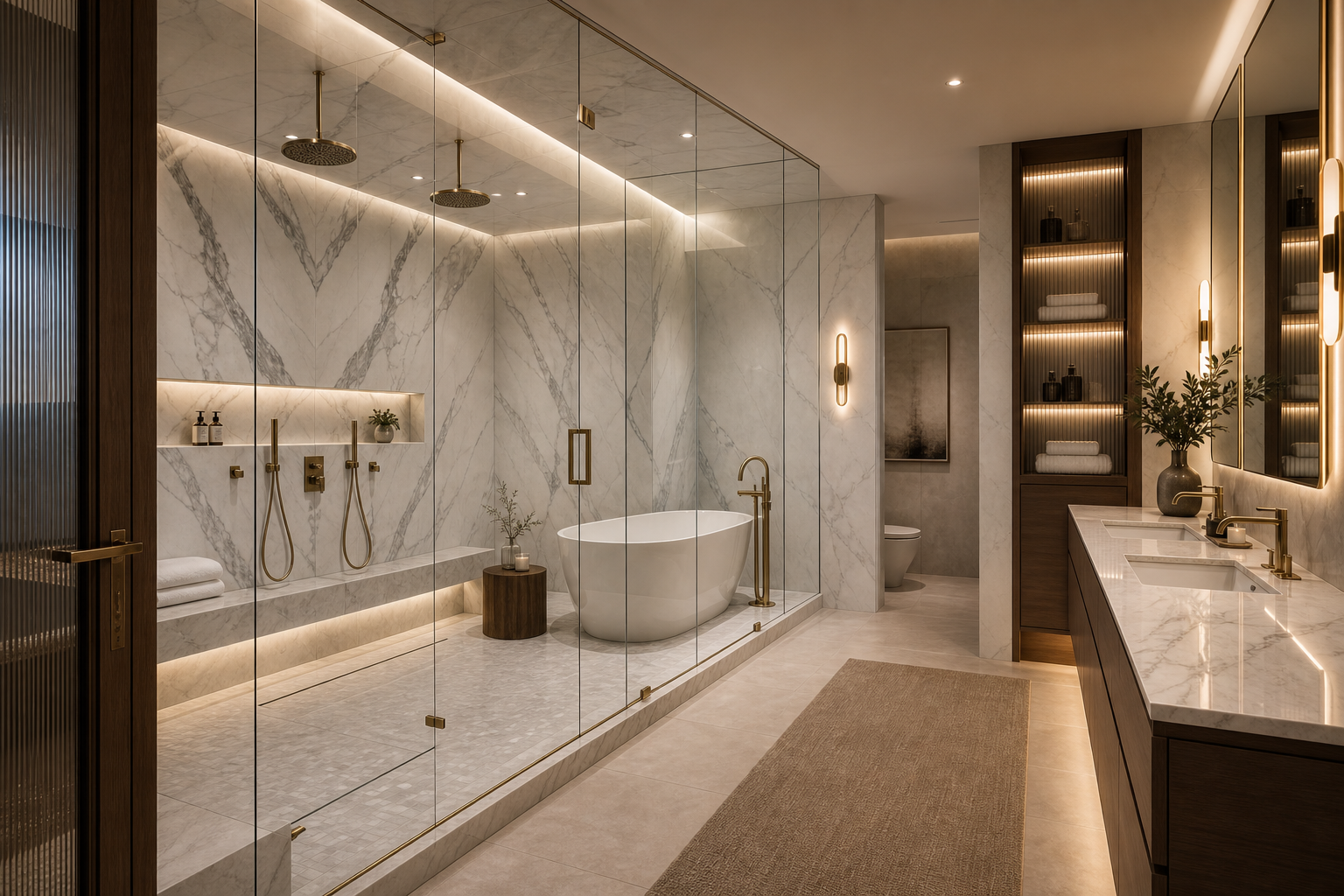 High-end marble wet room bathroom with glass enclosure, double rain shower, freestanding tub, and brass fixtures