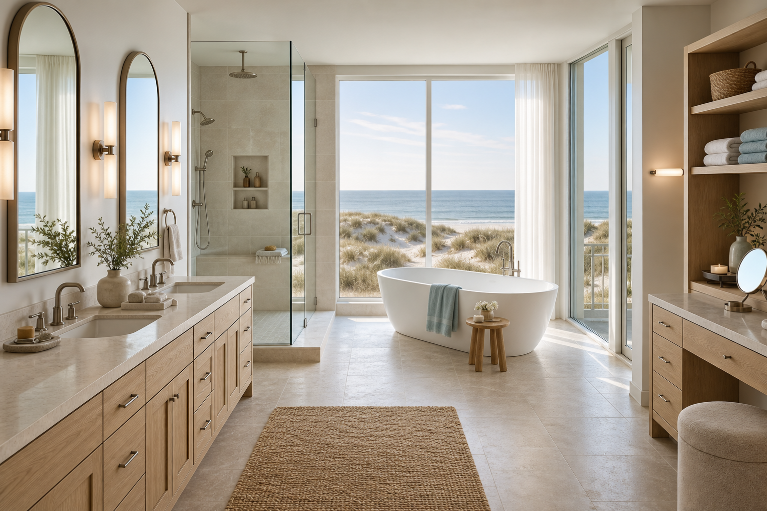 Bright coastal luxury bathroom with ocean view, freestanding tub, white oak vanity, glass shower, and limestone flooring