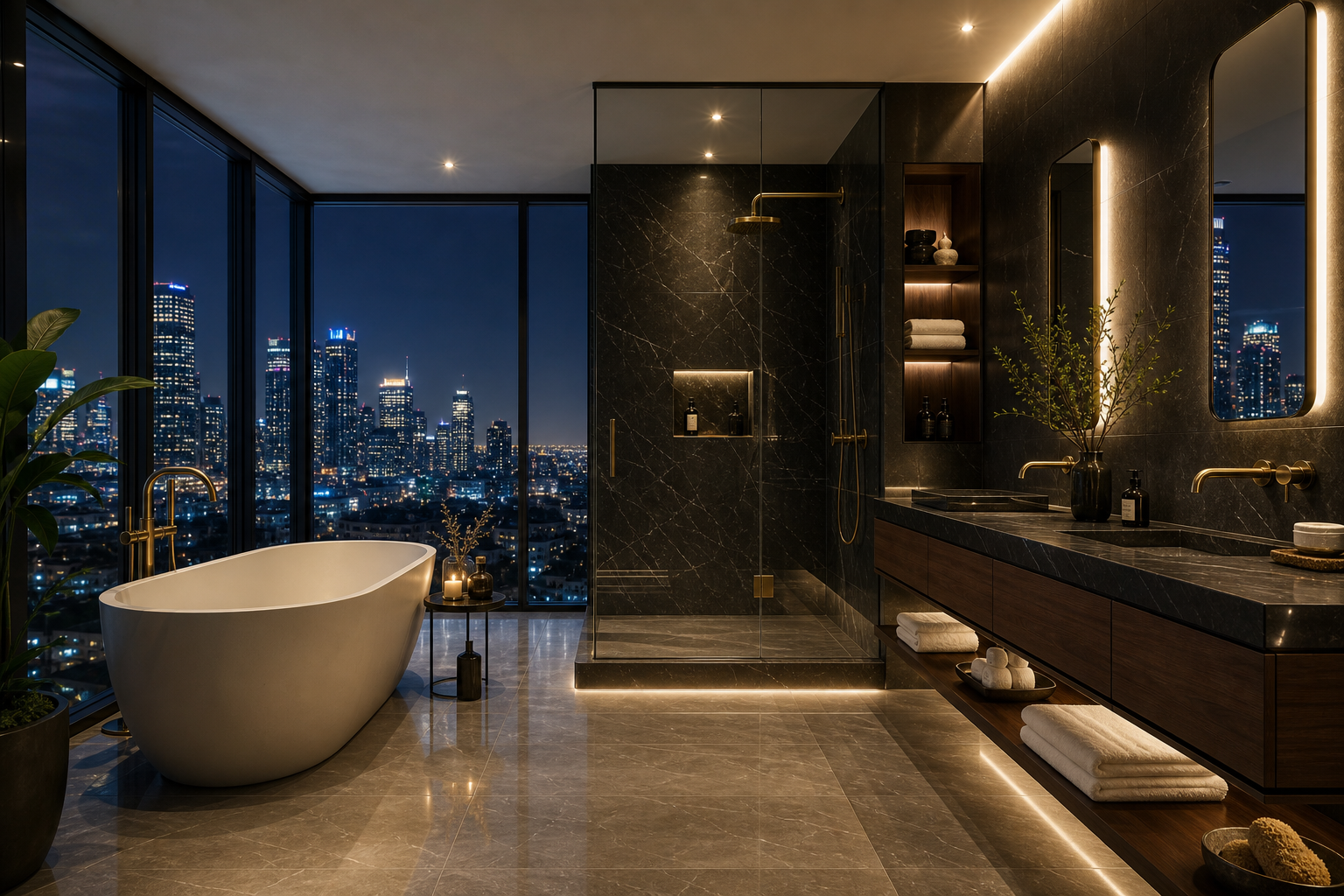 Dramatic luxury penthouse bathroom with black stone shower, freestanding tub, floating vanity, and nighttime skyline view
