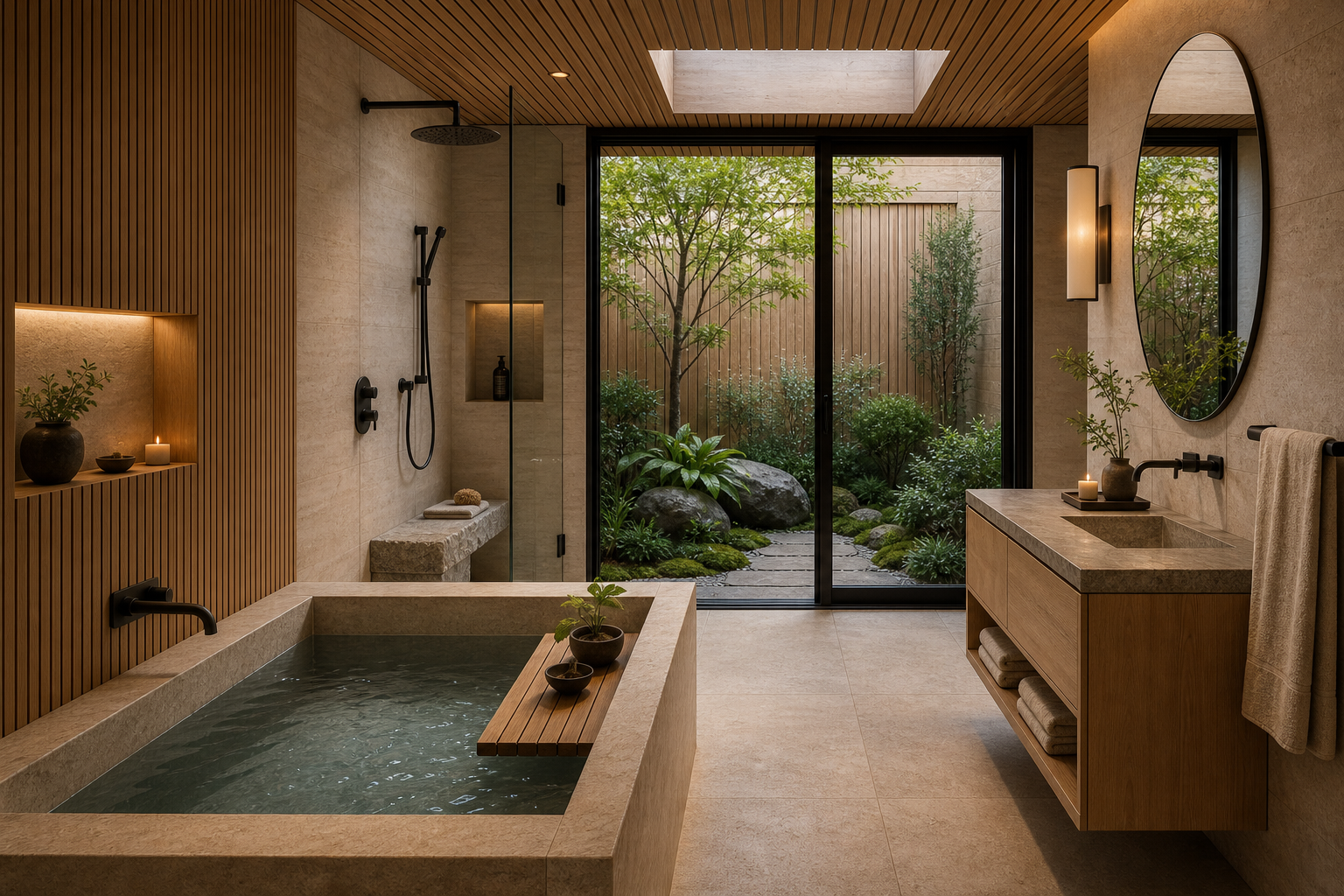Organic modern luxury bathroom with Japanese soaking tub, wood slat ceiling, open shower, skylight, and private courtyard garden
