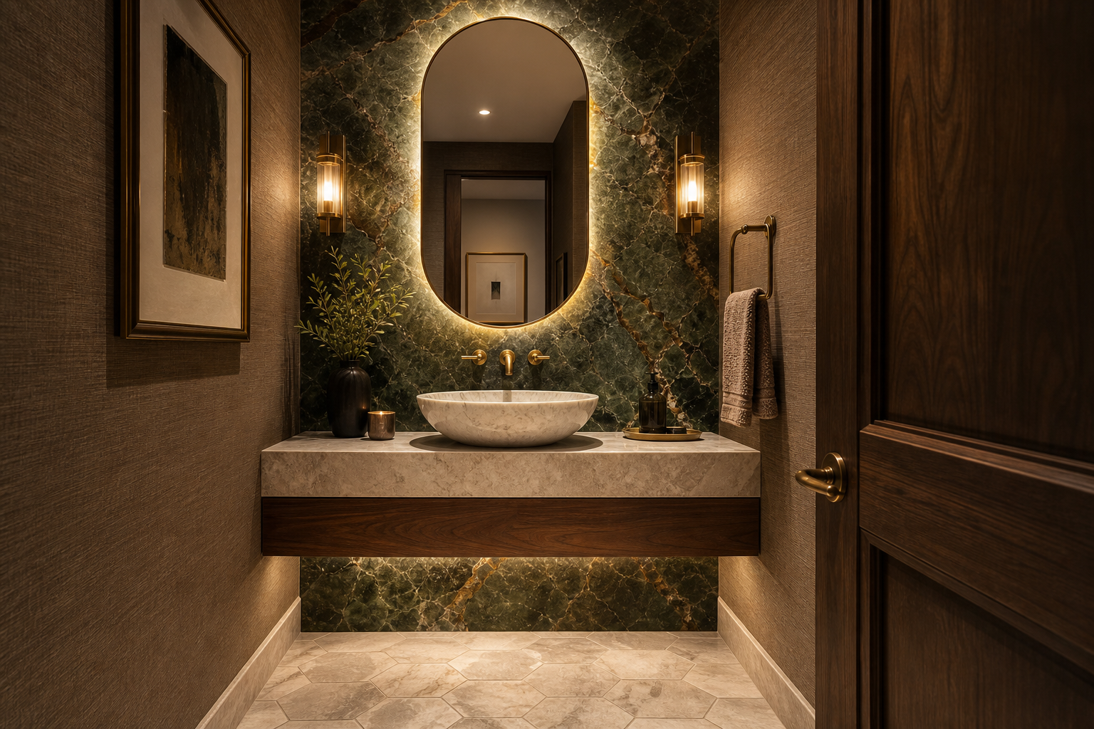 High-end powder room with green onyx slab wall, backlit oval mirror, floating vanity, brass sconces, and stone vessel sink