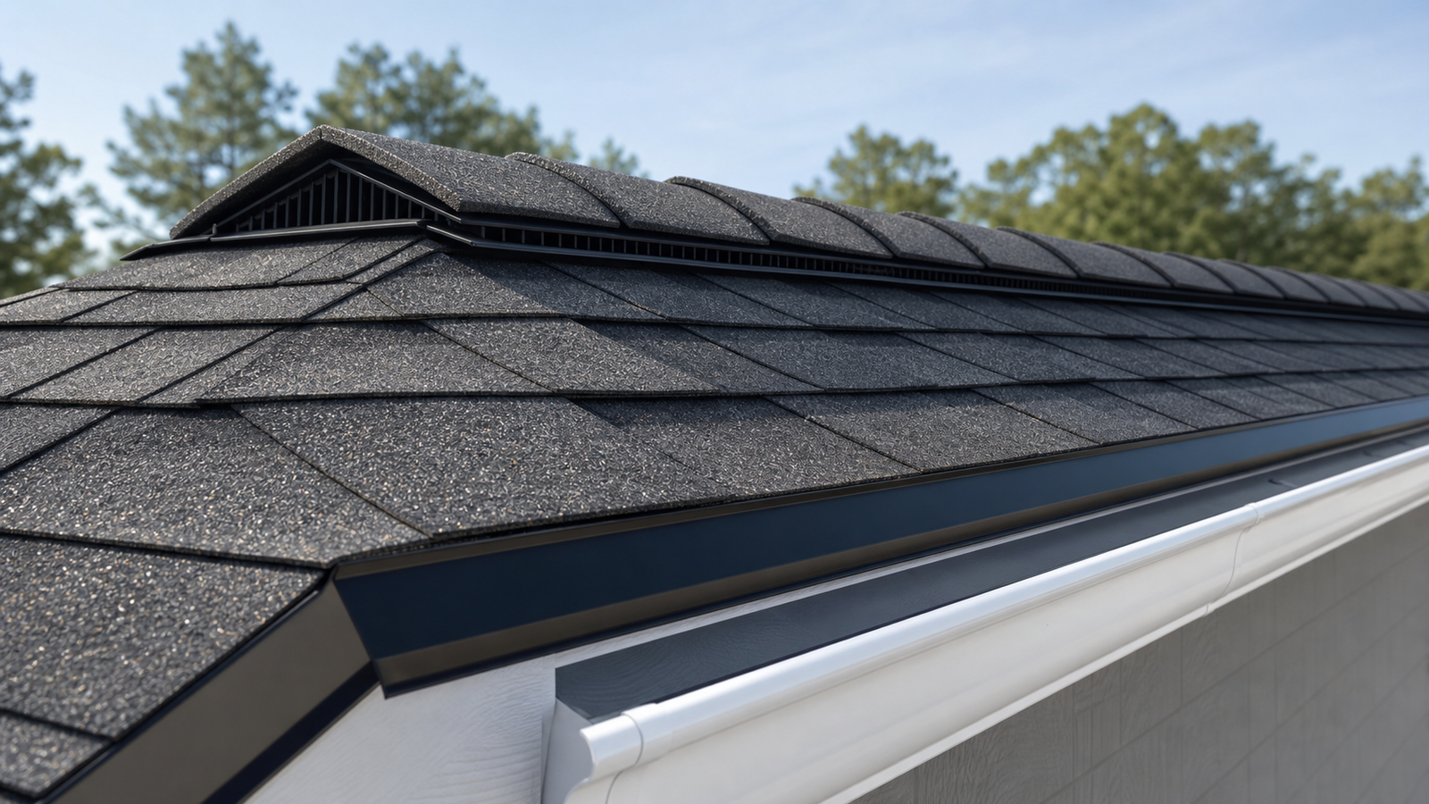 Asphalt shingles with ridge vent and gutter detail