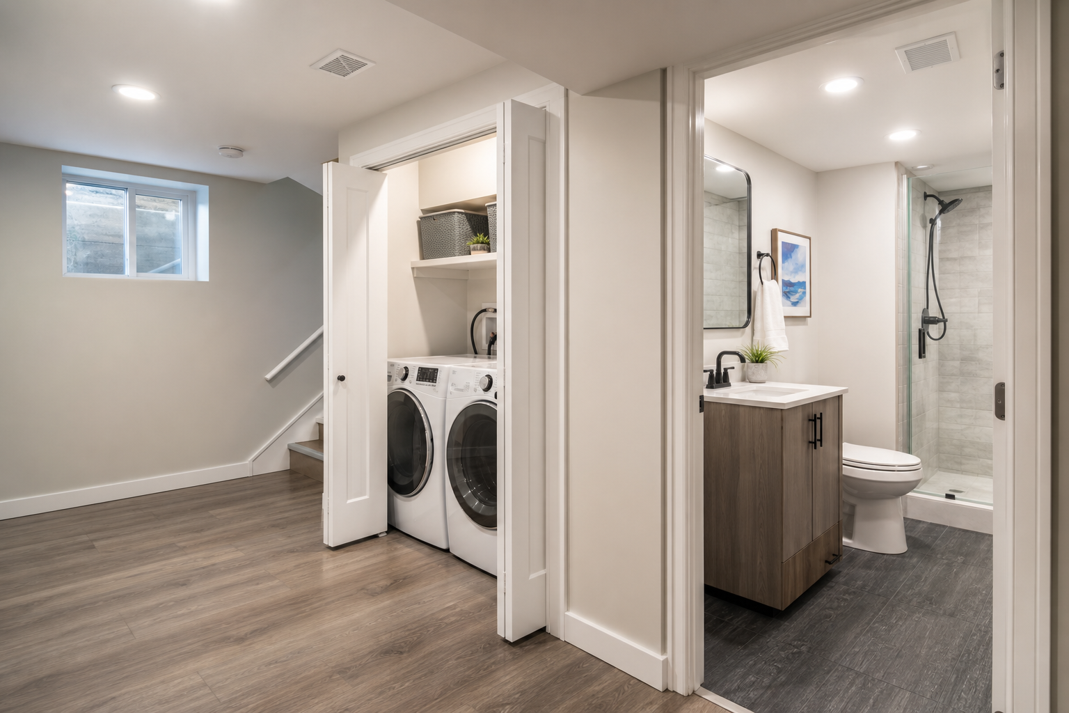 Finished basement bathroom and laundry area with bright lighting, ventilation, window, vanity, and durable flooring