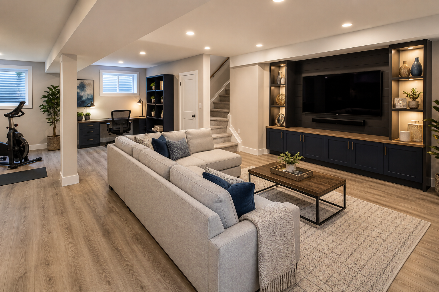 Finished basement conversion with media wall, office nook, storage built-ins, exercise zone, and window-well light