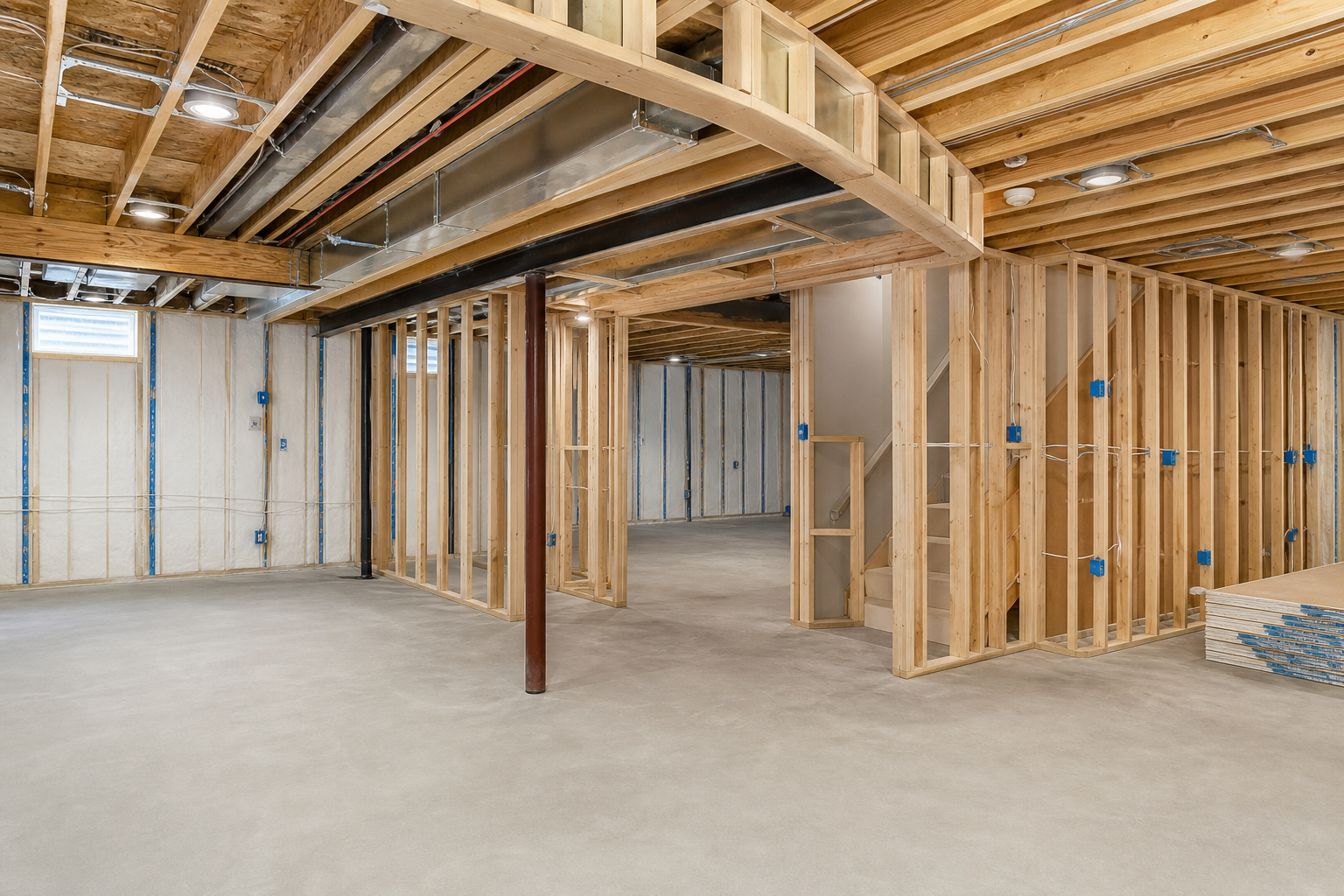 Basement finishing in progress with framing, insulation, electrical boxes, duct soffits, and concrete floor