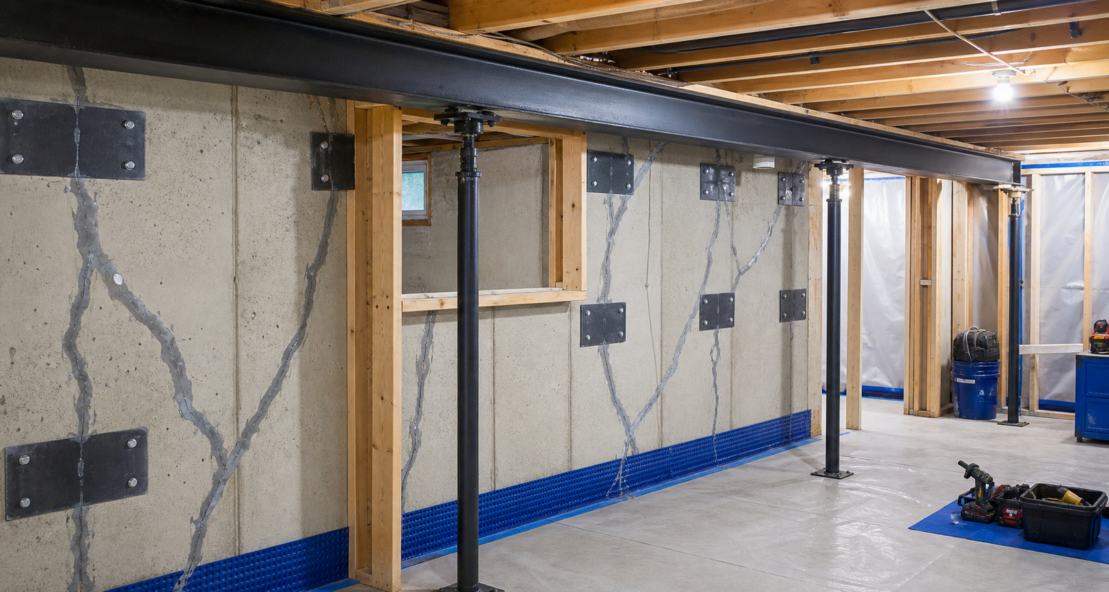Basement foundation repair with steel support beam, jack posts, crack repair, and framed openings