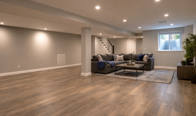 Finished basement renovation with lounge seating, egress-style window, recessed lights, and durable flooring