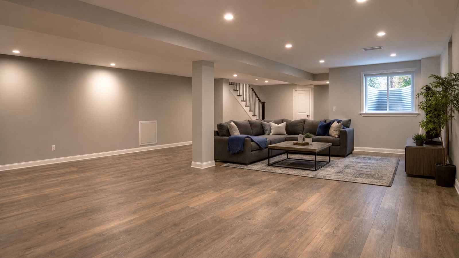 Finished basement renovation with lounge seating, egress-style window, recessed lights, and durable flooring