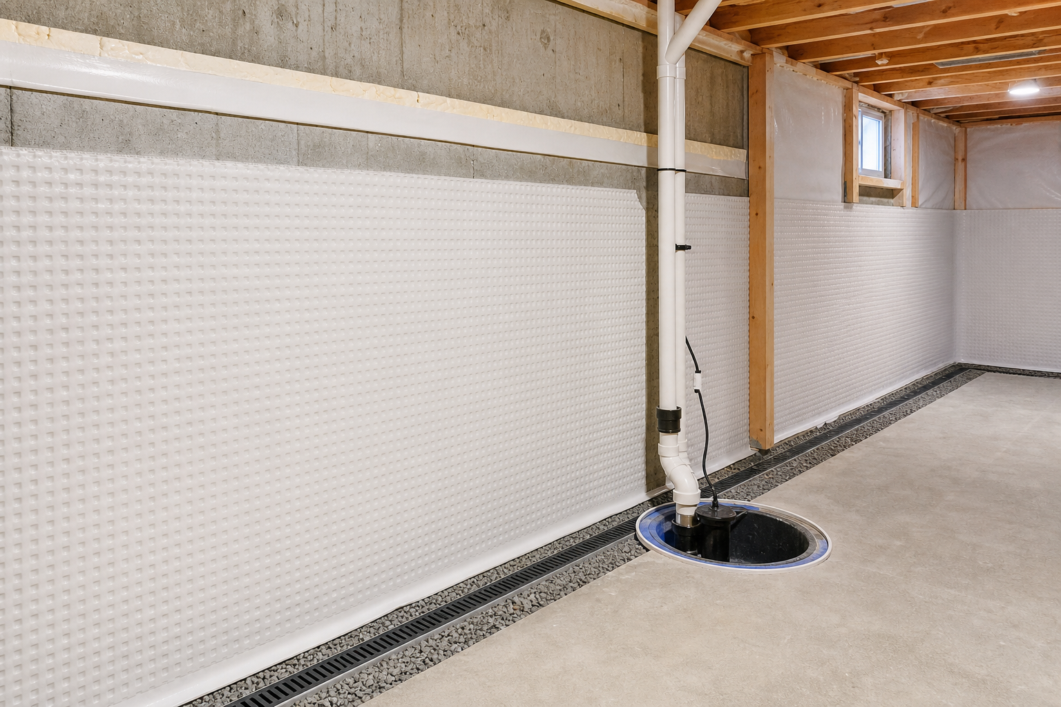 Basement waterproofing with drainage channel, sump pit, waterproof membrane, and exposed foundation wall