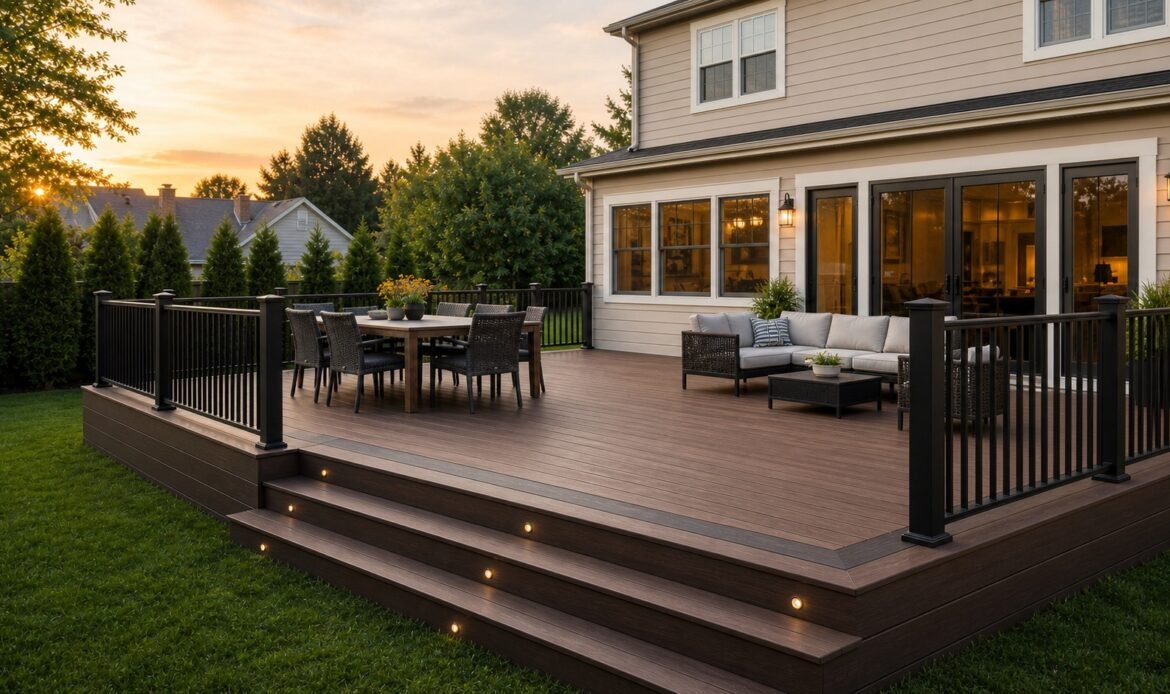 Composite deck with picture-frame border, black railing, and outdoor dining area