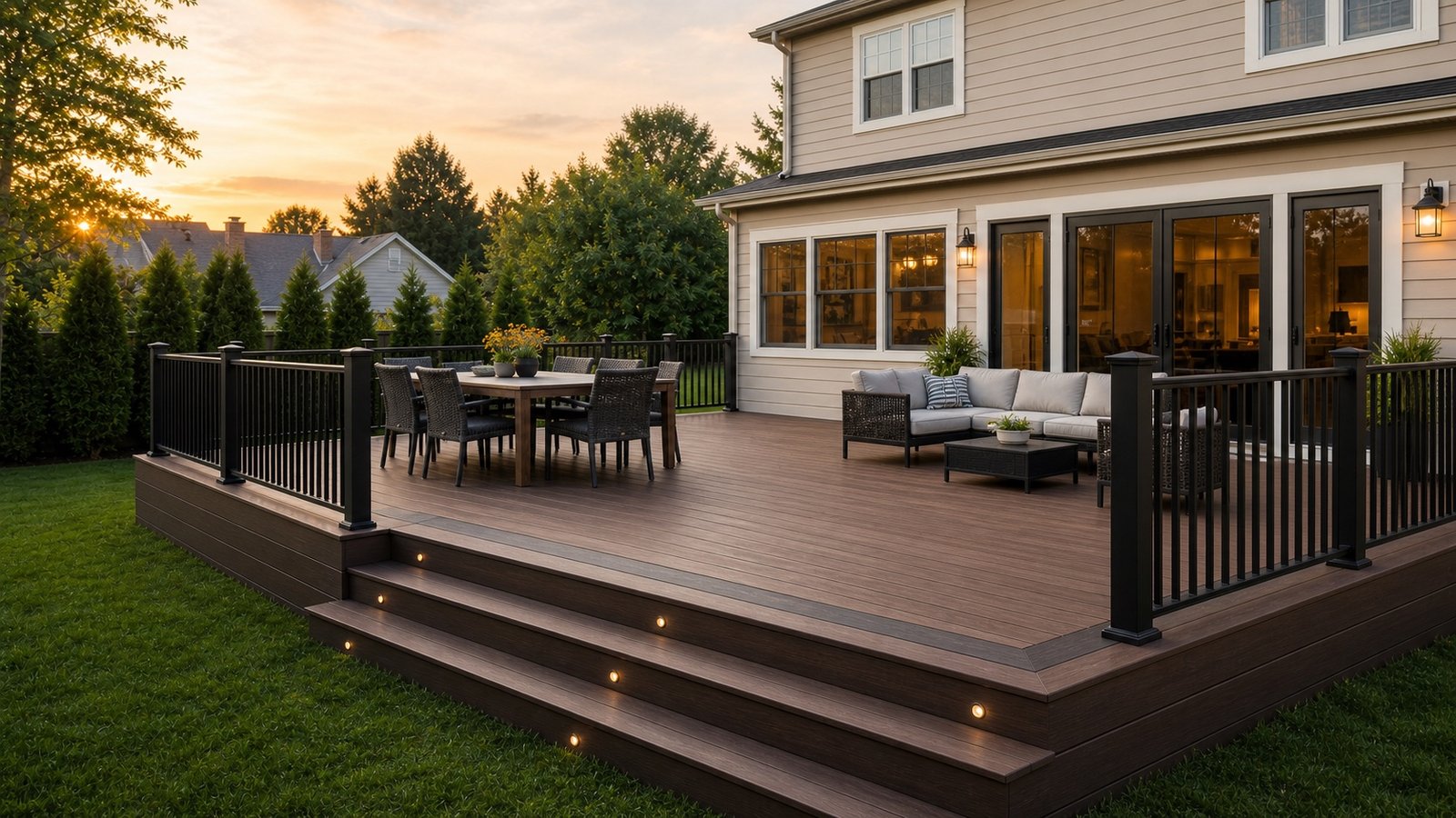 Composite deck with picture-frame border, black railing, and outdoor dining area