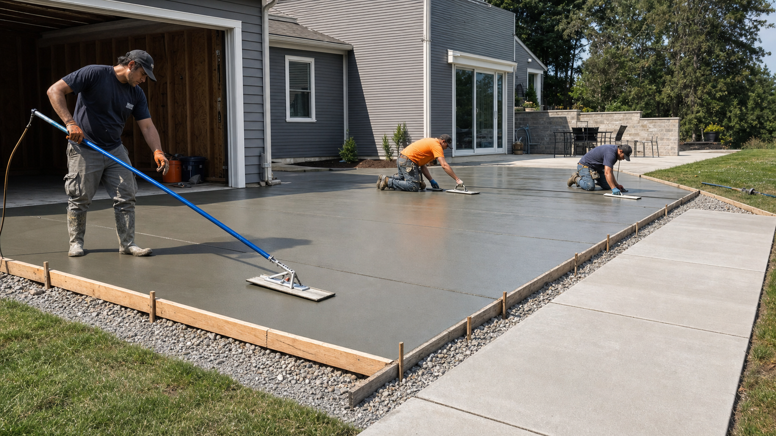 Crew finishing a fresh concrete driveway and patio slab outside a home