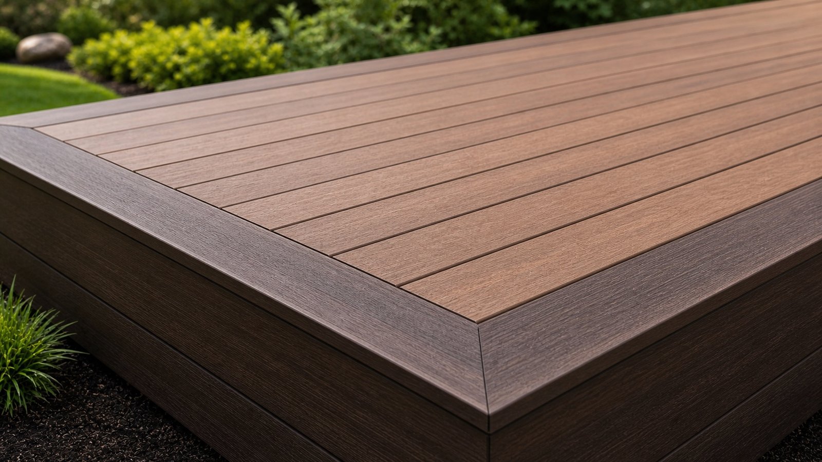Composite deck corner with picture-frame border, fascia, and consistent board spacing