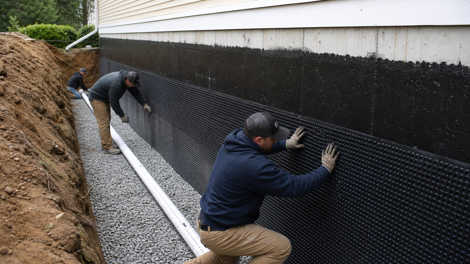Contractors installing waterproofing membrane and drain pipe along a basement foundation