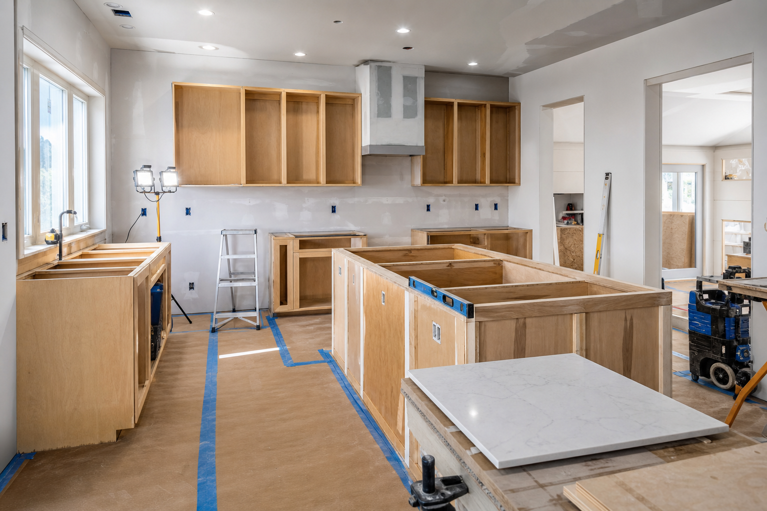 Kitchen renovation in progress with cabinet boxes, island framing, protected floors, and jobsite lighting
