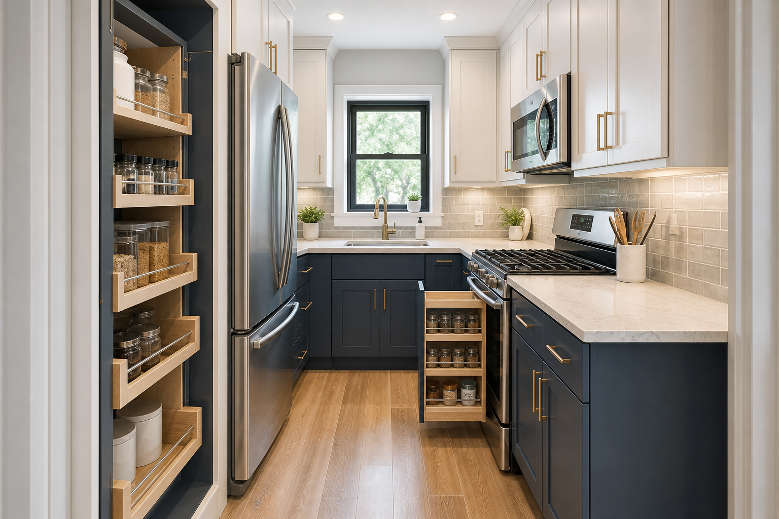 Compact kitchen remodel with pantry pullouts, navy lower cabinets, white uppers, quartz counters, and efficient appliance layout