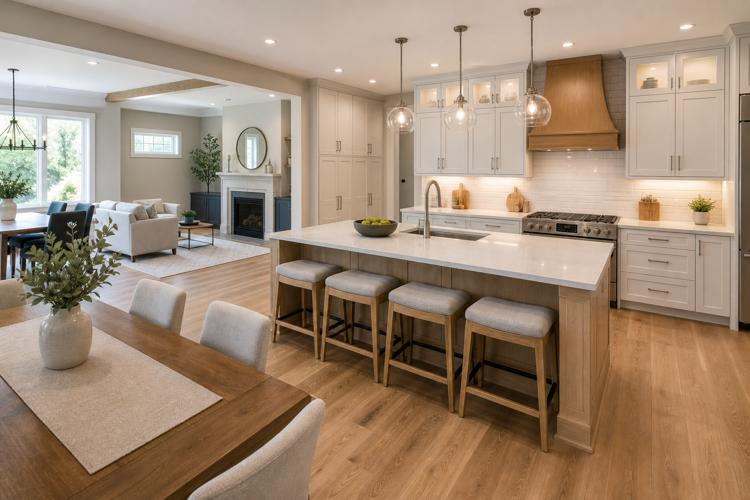 Open concept kitchen remodel with island seating, white cabinets, wood range hood, dining area, and living room connection