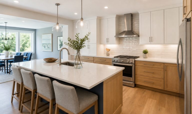 Open island kitchen remodel with warm cabinets and bright lighting