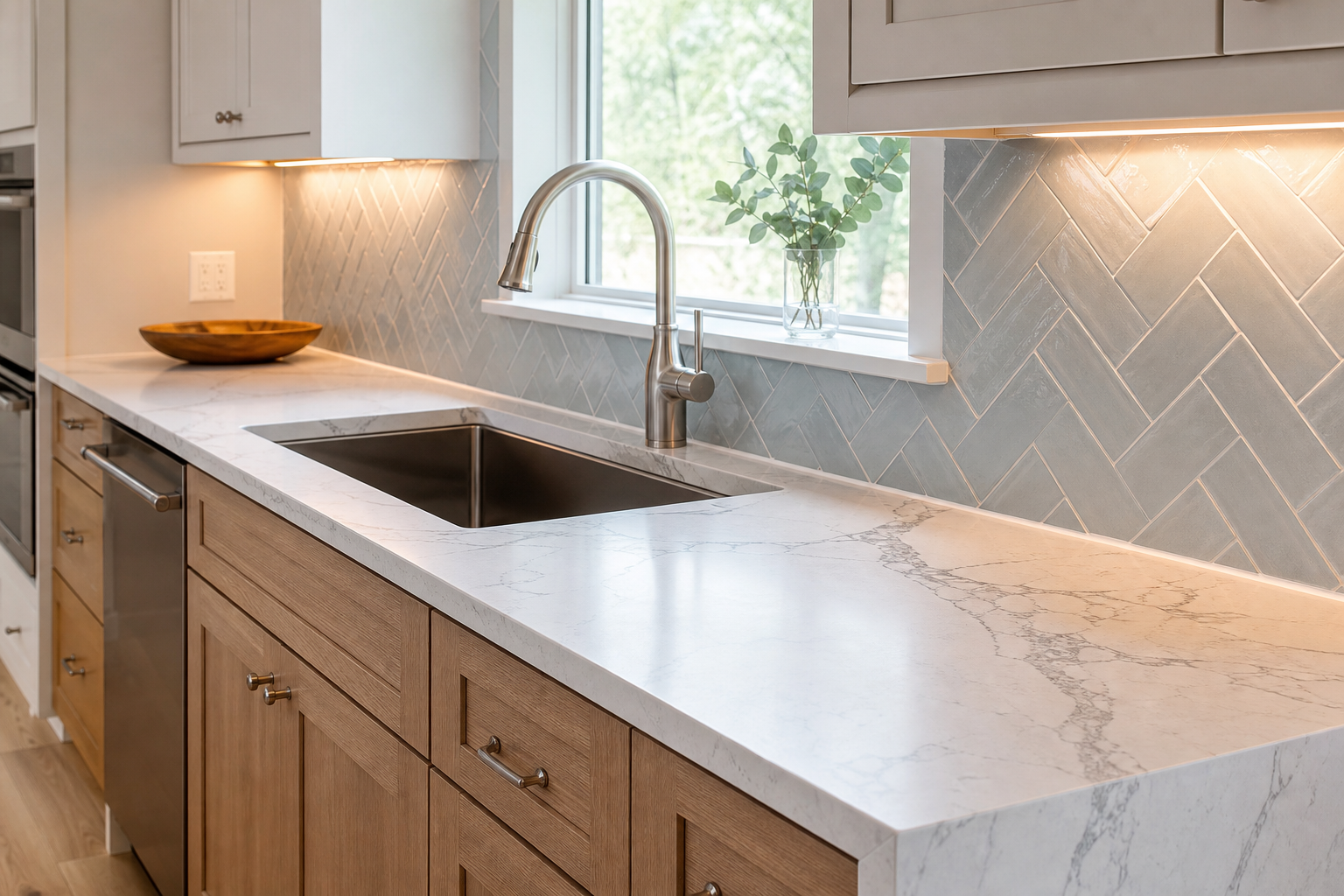 Kitchen remodel detail with quartz countertop, undermount sink, satin nickel faucet, oak cabinets, and tile backsplash