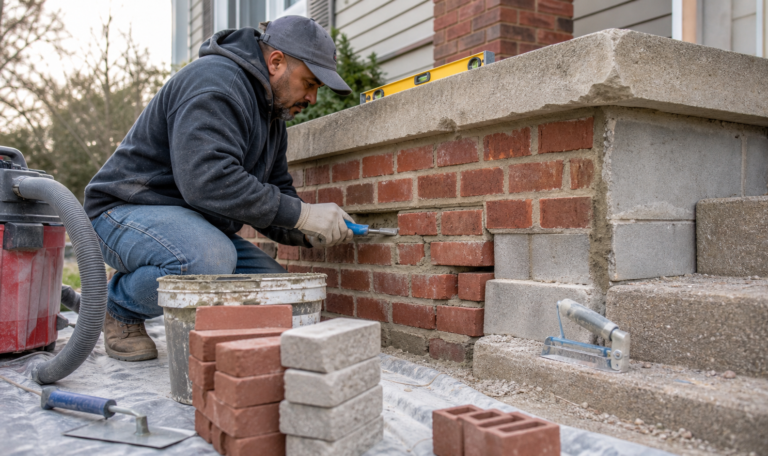 Masonry repair work on brick and concrete steps for Queens property maintenance