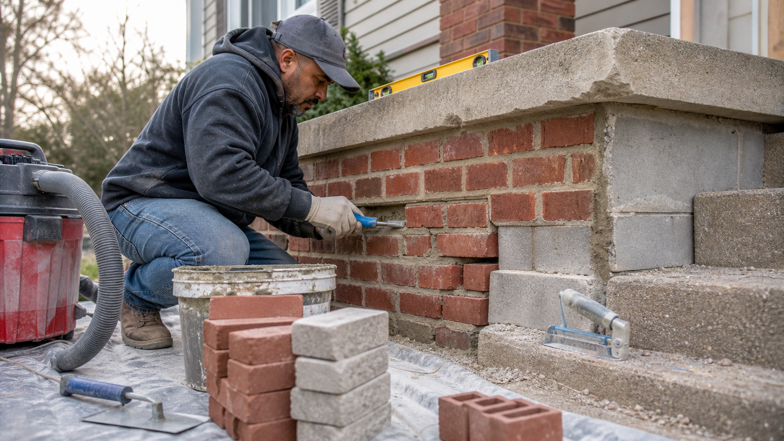 Mason repointing brick and concrete masonry near residential steps