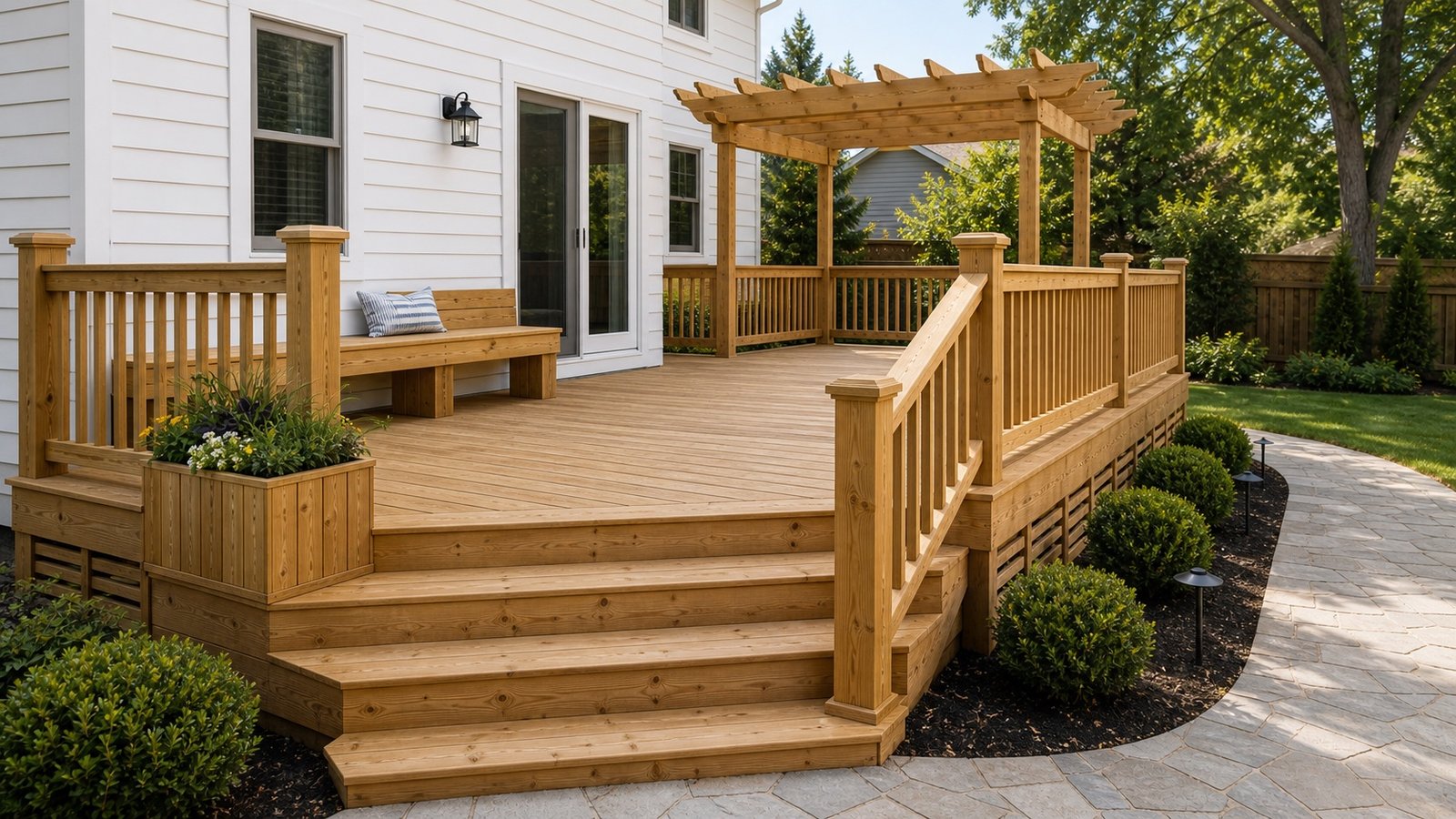 Pressure-treated wood deck with pergola, planter boxes, and traditional railing