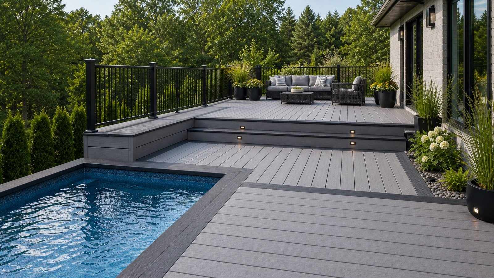 Gray PVC composite deck around a pool with modern railing and step lights