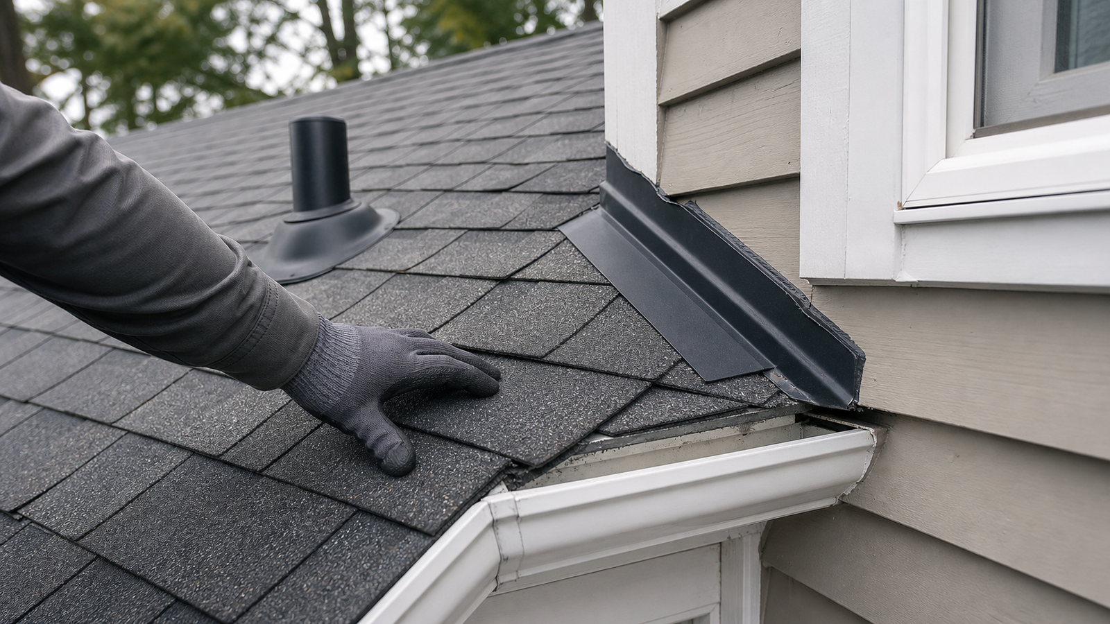 Contractor inspecting roof flashing and shingle edge