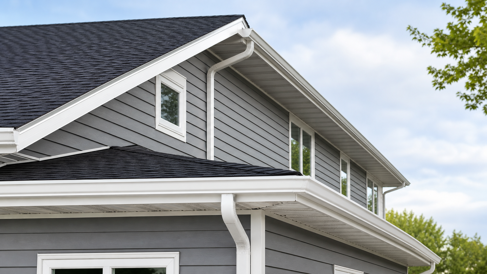 Roof, gutter, soffit, and fascia system on gray home