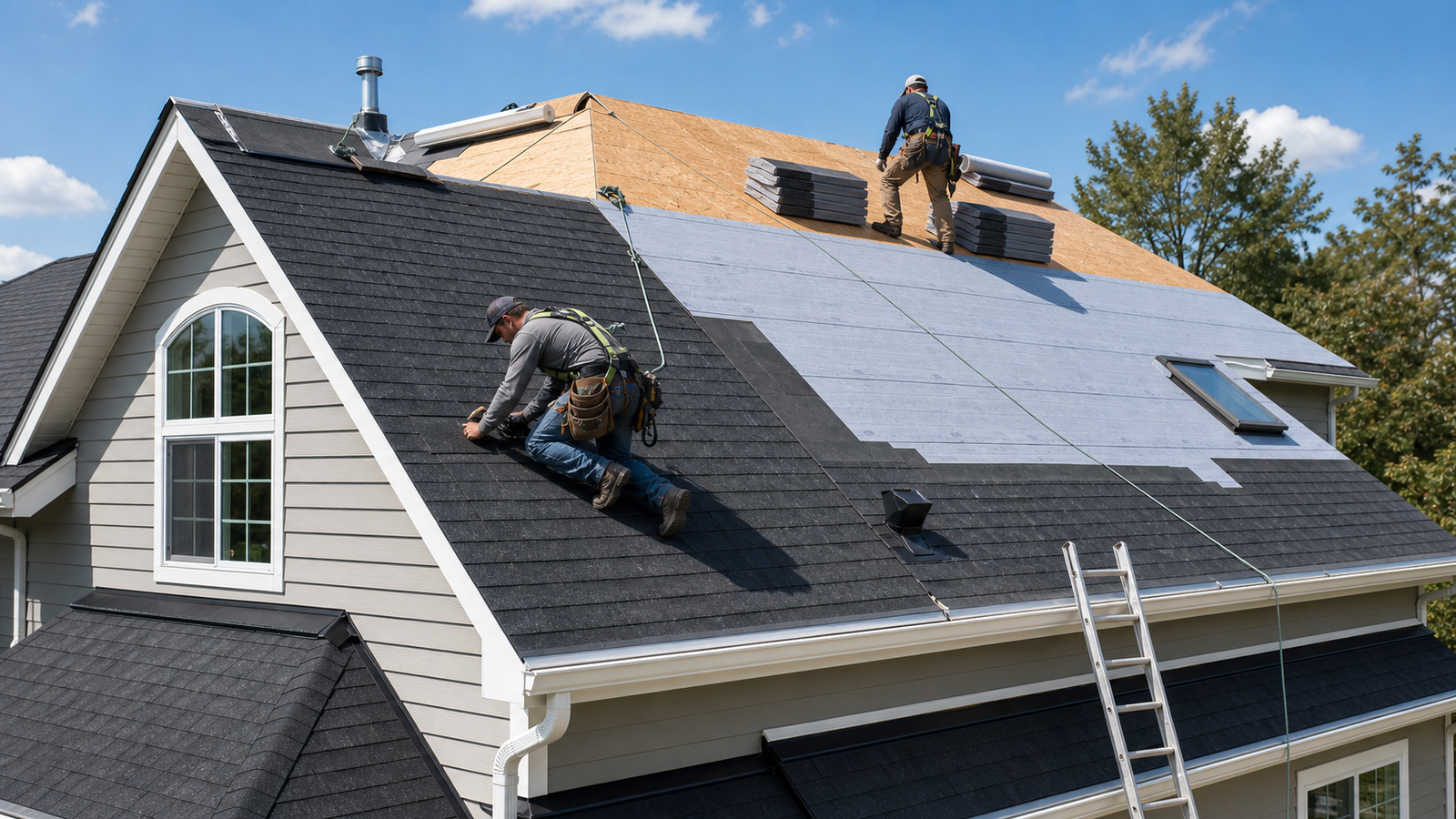 Roofing crew installing shingles and underlayment