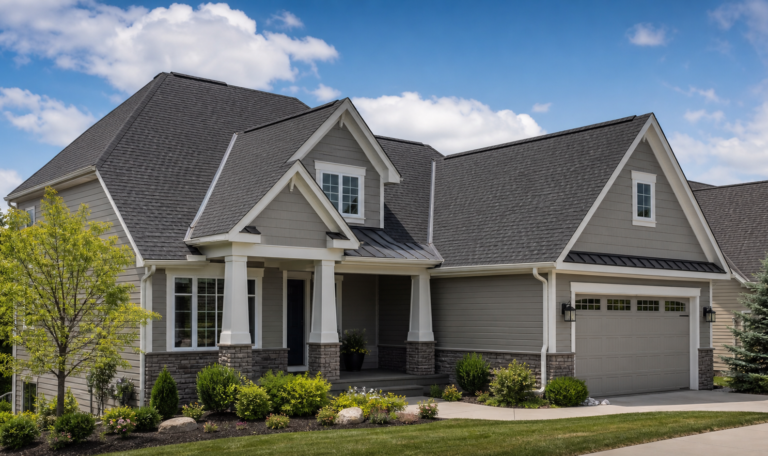 Finished home with gray shingle roof and clean gutters