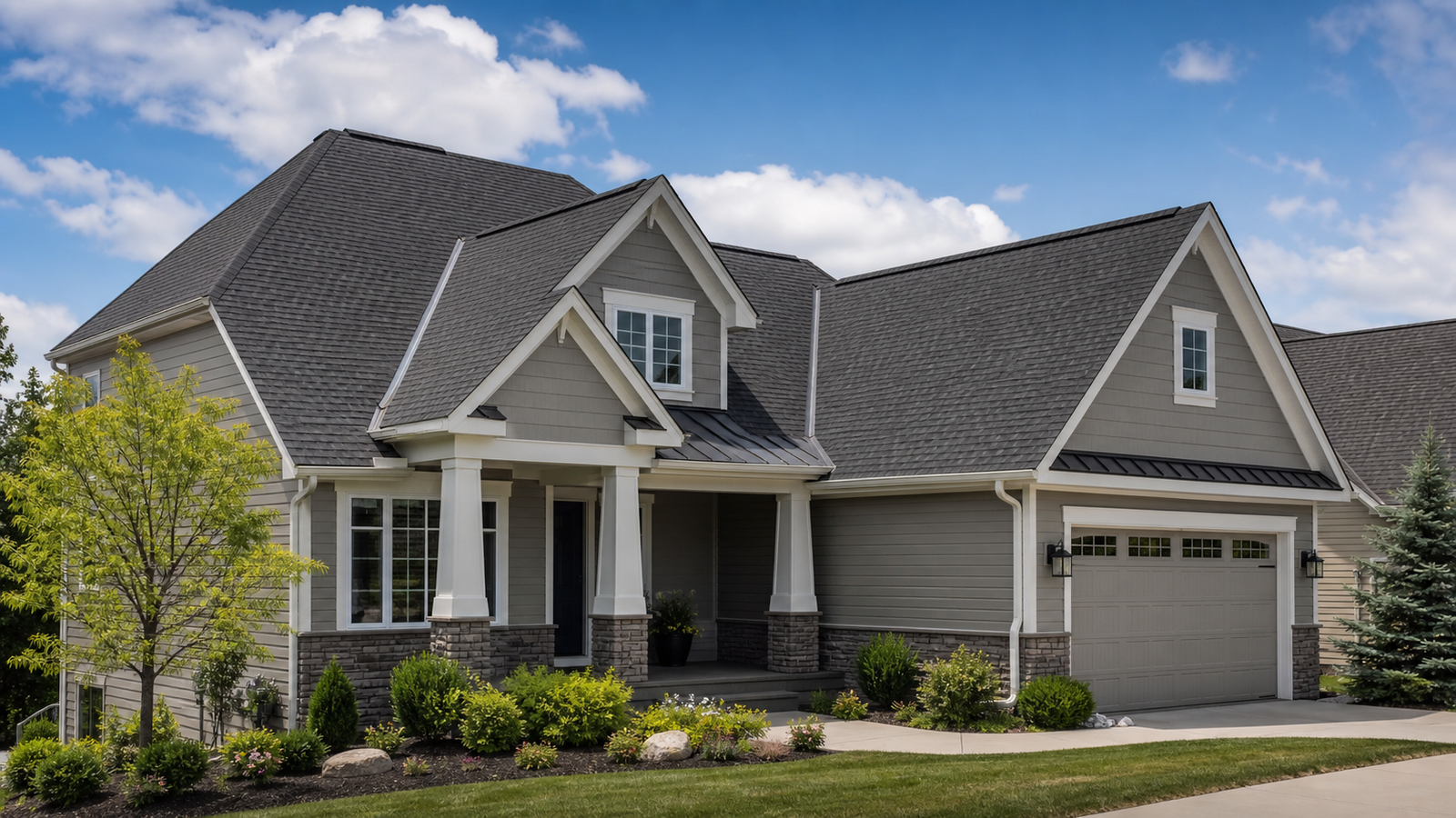 Finished home with gray shingle roof and clean gutters