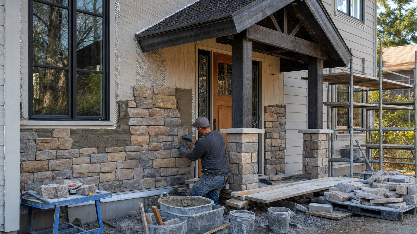 Contractor installing stone veneer on a residential entry facade