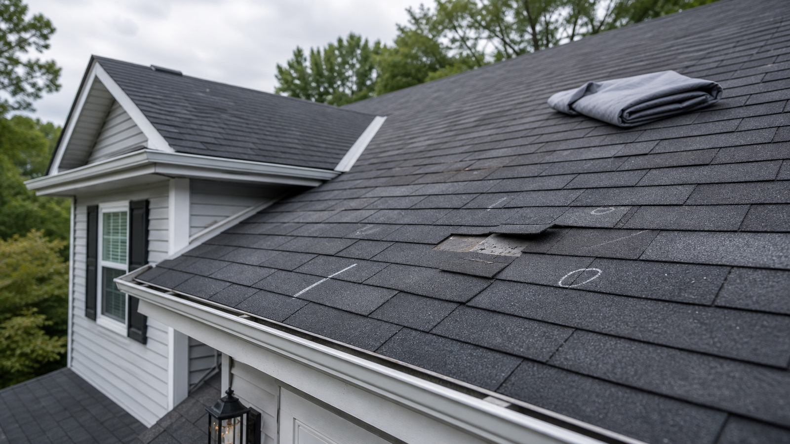 Minor storm damage roof repair assessment with marked shingles