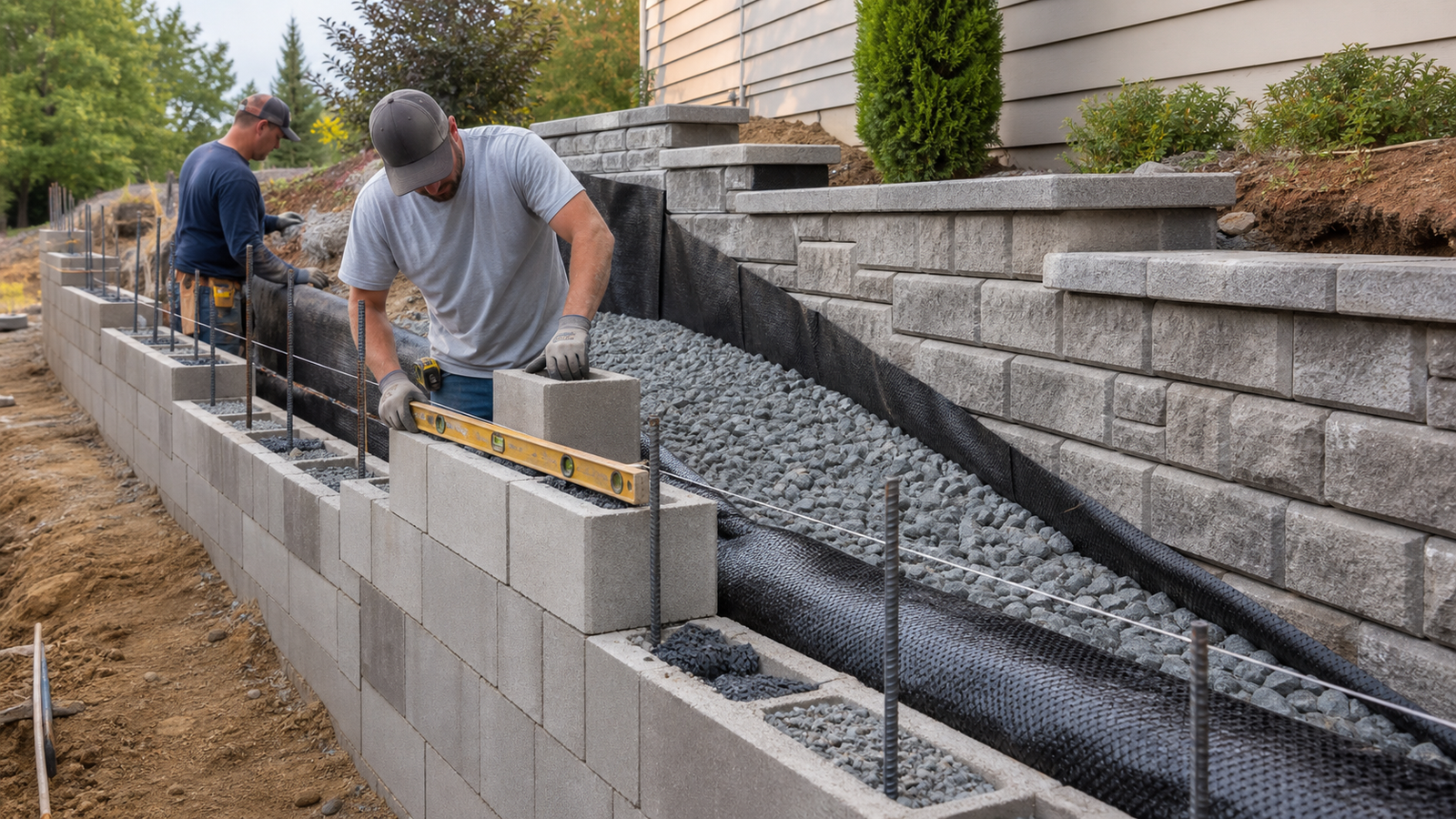 Masonry crew building a reinforced block retaining wall with drainage stone