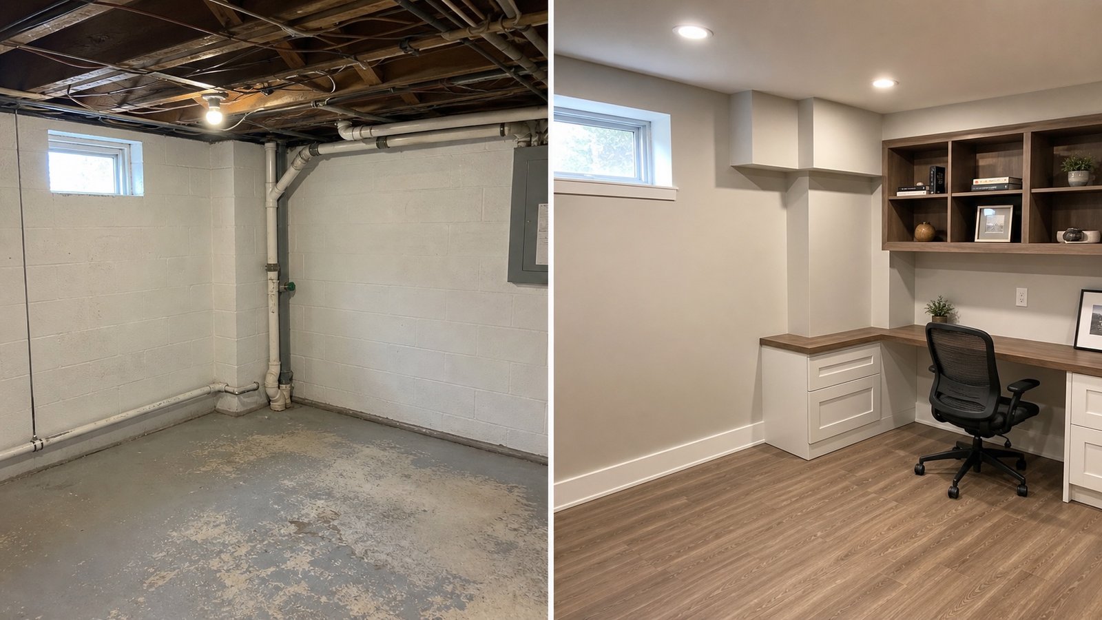 BluRock Services Basement Renovations before and after Home Office Conversion Long Island project in Long Island, NY.
