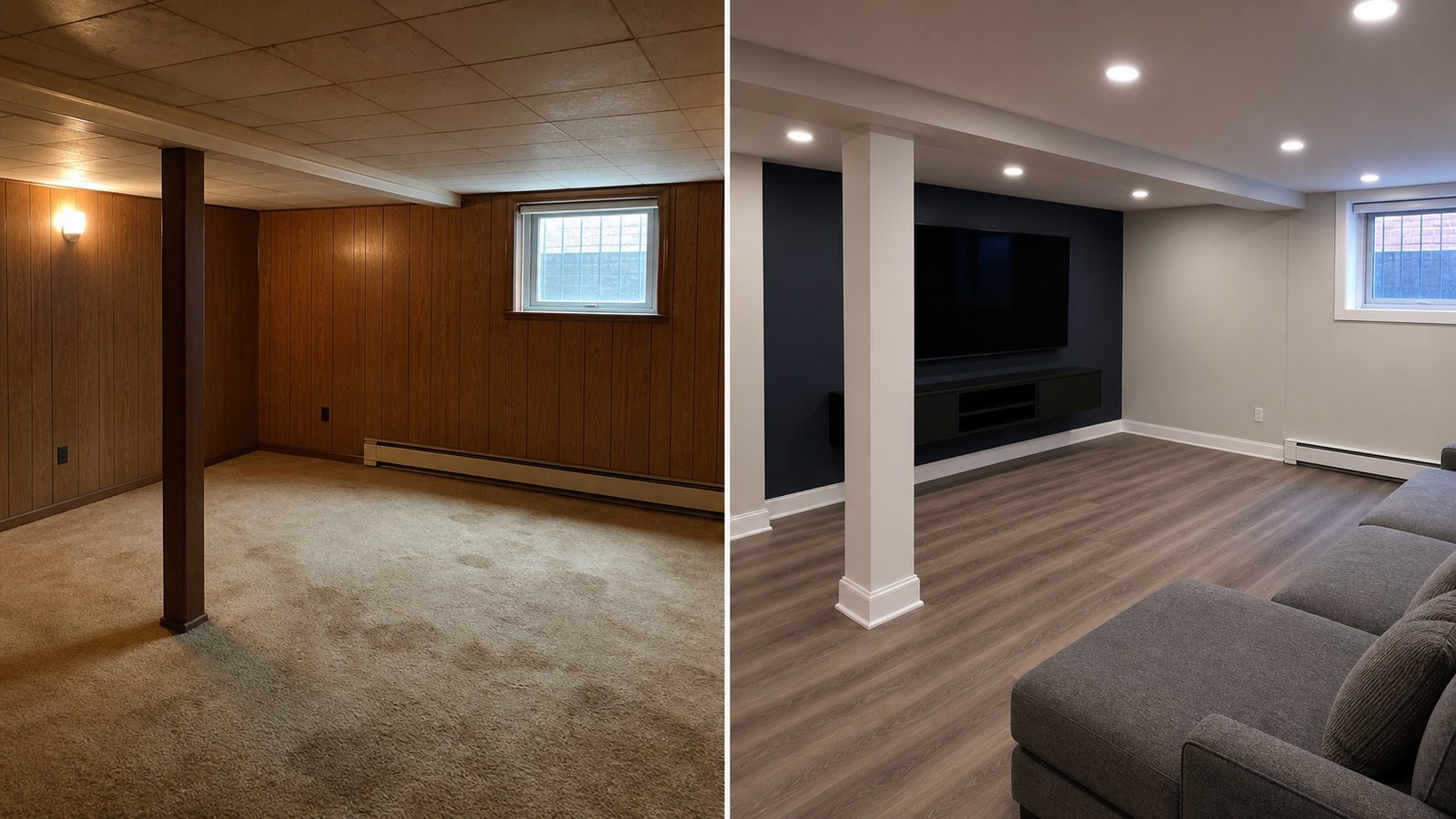 BluRock Services Basement Renovations before and after Media Room Renovation Queens Ny project in Queens, NY.