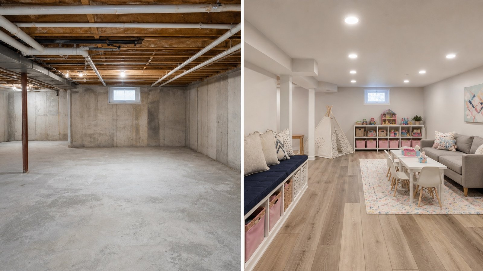 BluRock Services Basement Renovations before and after Playroom Family Space Long Island project in Long Island, NY.