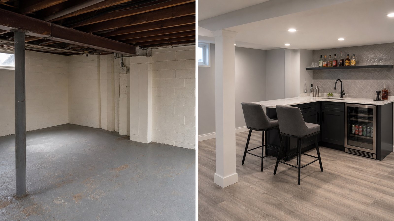 BluRock Services Basement Renovations before and after Wet Bar Lounge Queens Ny project in Queens, NY.