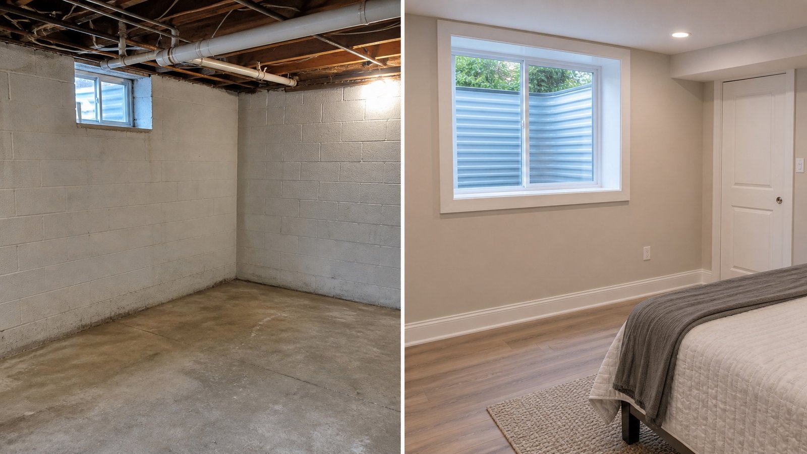 BluRock Services Basement Renovations before and after Egress Guest Room Long Island project in Long Island, NY.
