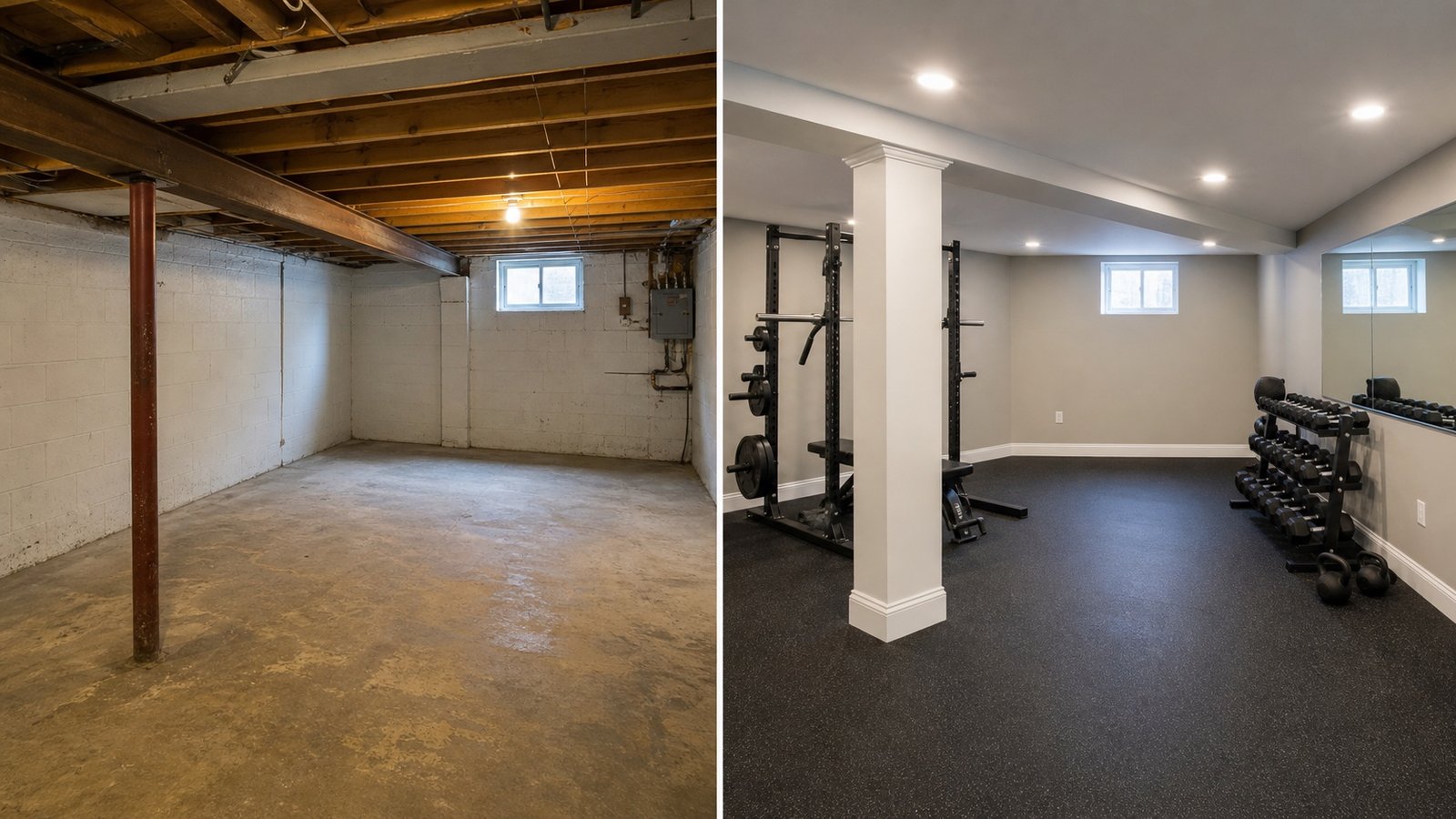 BluRock Services Basement Renovations before and after Home Gym Renovation Long Island project in Long Island, NY.