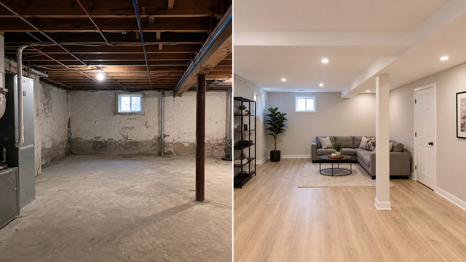 Before and after basement renovation from unfinished concrete space to finished lounge