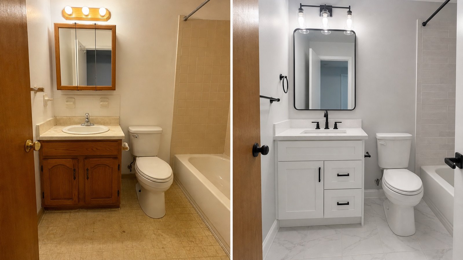 BluRock Services Bathroom Remodels before and after Vanity Tile Refresh Queens Ny project in Queens, NY.