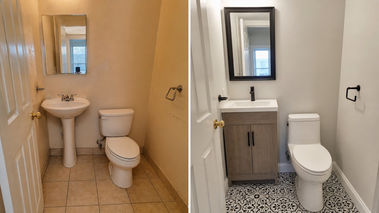 BluRock Services Bathroom Remodels before and after Powder Room Remodel Queens Ny project in Queens, NY.