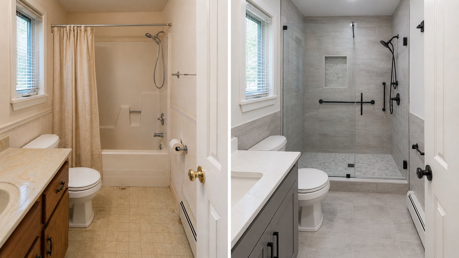 BluRock Services Bathroom Remodels before and after Walk In Shower Long Island project in Long Island, NY.