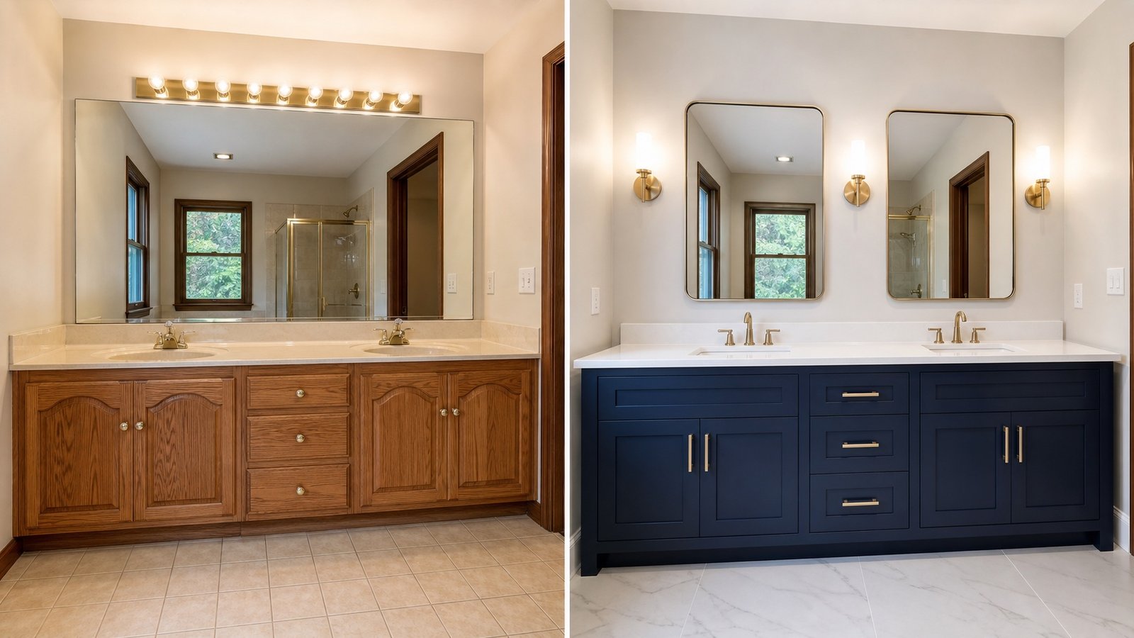 BluRock Services Bathroom Remodels before and after Double Vanity Remodel Long Island project in Long Island, NY.