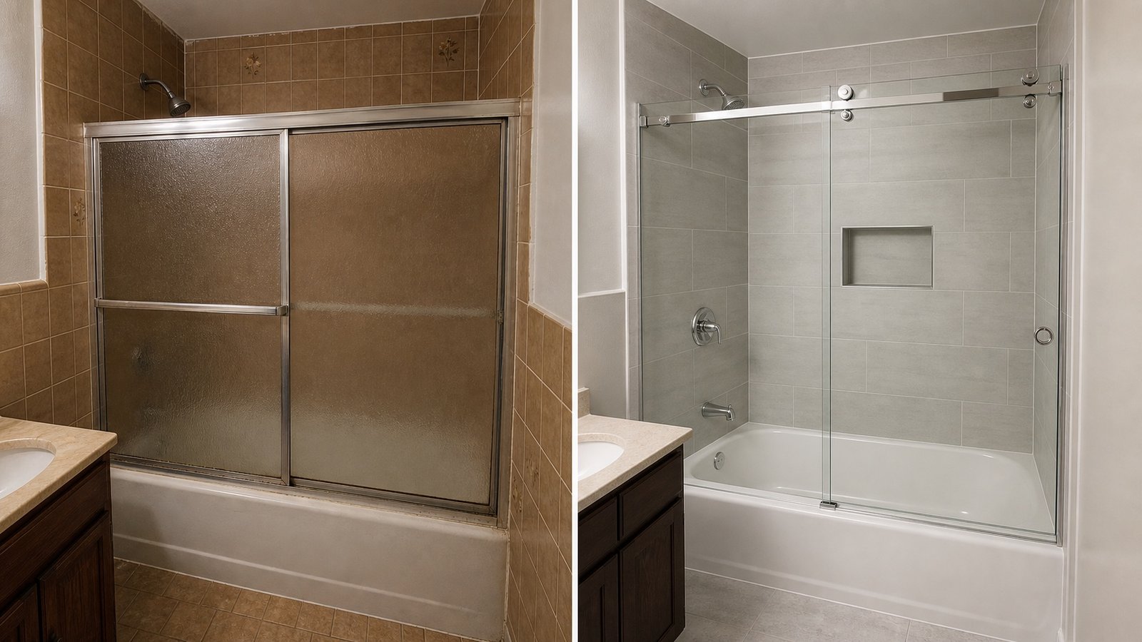 BluRock Services Bathroom Remodels before and after Glass Shower Door Tile Queens Ny project in Queens, NY.