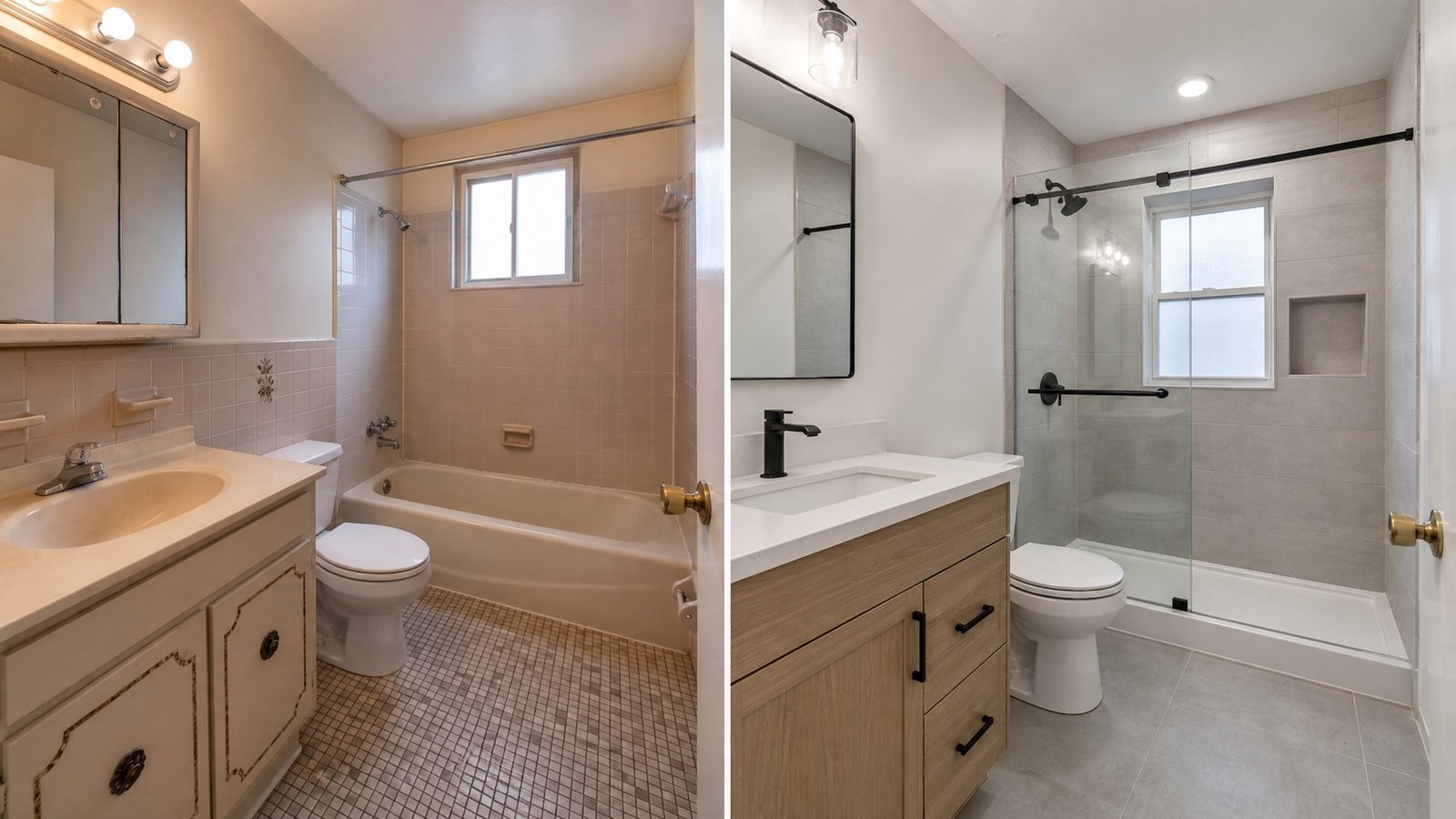 Before and after bathroom remodel with new tile vanity glass shower and fixtures
